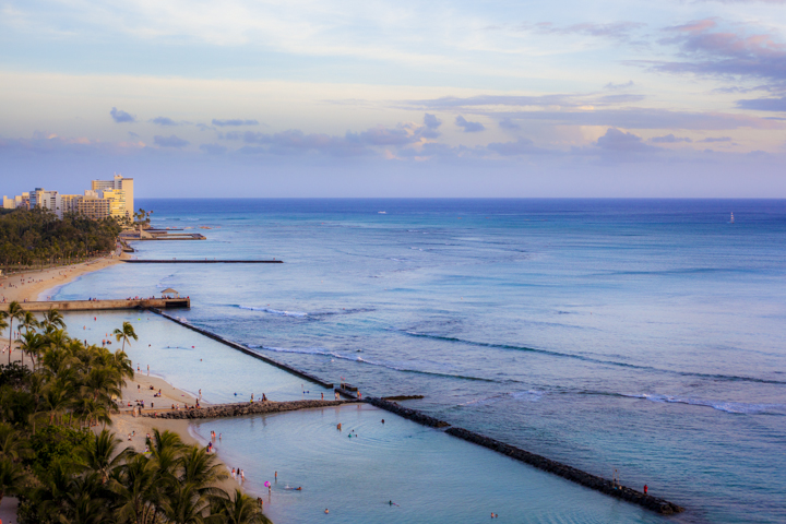 Waikiki Beach displays the beautiful reef patterns just outside the protected lagoons.