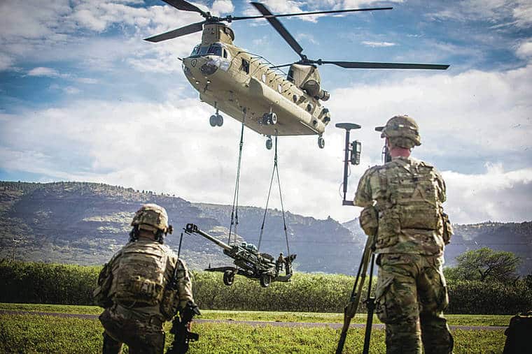 Military helicopter landing in Hawaii