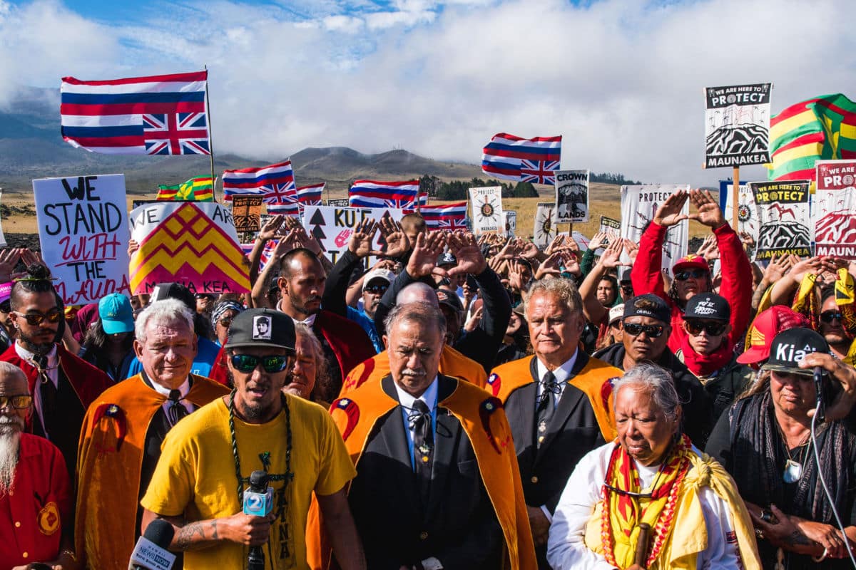 Hawaiian people gathered in protest
