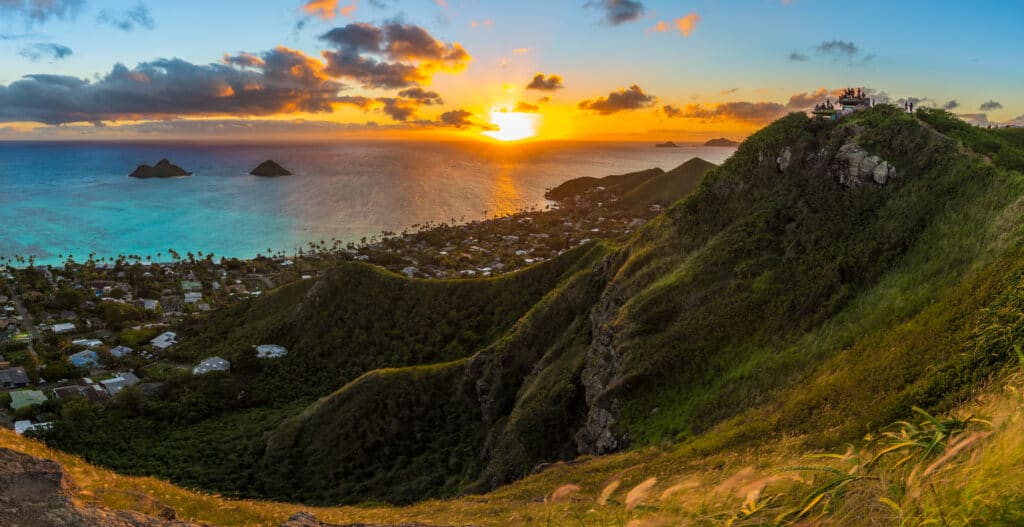 tropical sunrise over Lanikai Beach, Hawaii - from the Kaiwa ridge trail